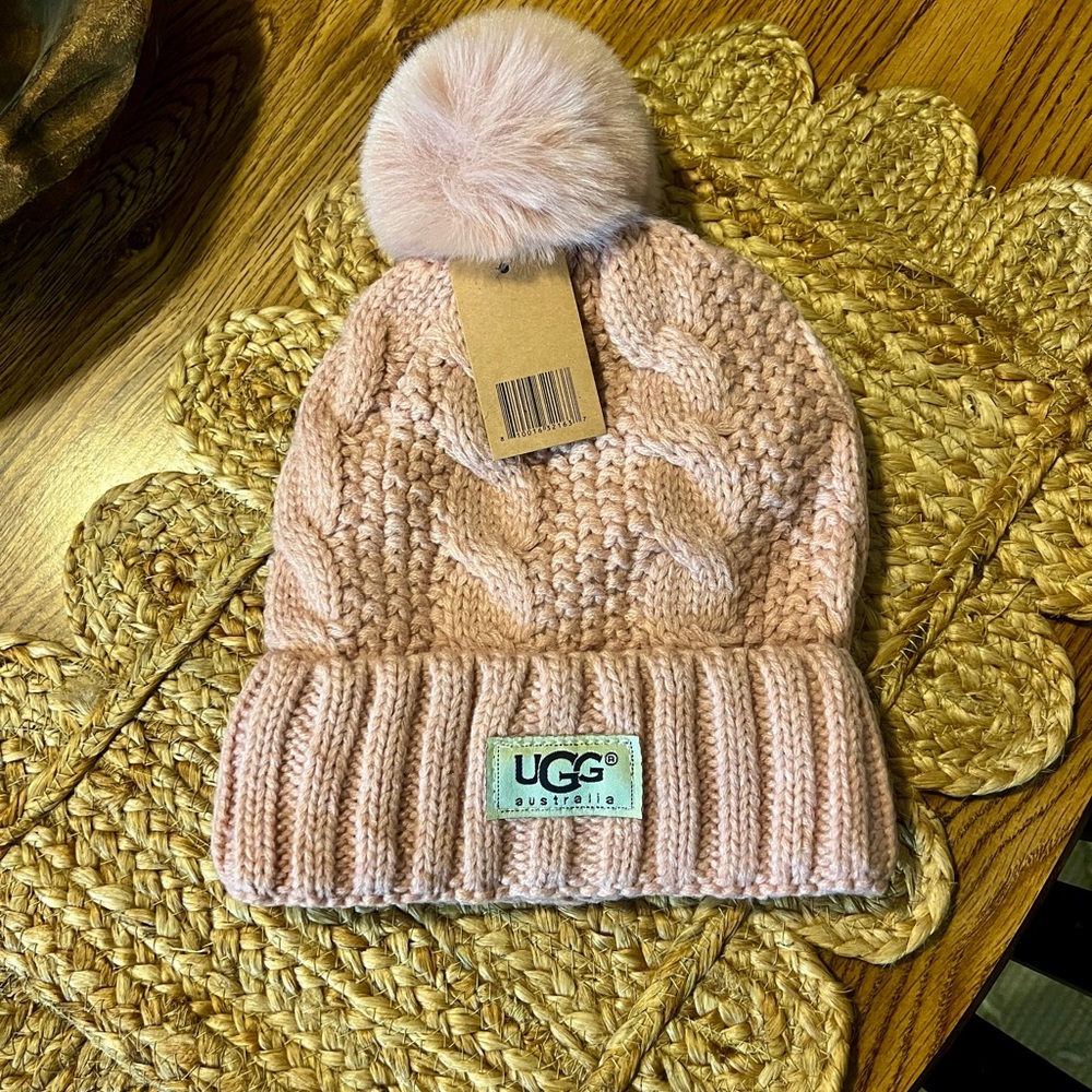 UGG Blush Cable Knit Beanie with Pom-Pom